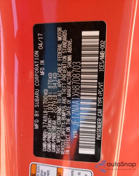 2017 Toyota 86 Base from USA, damaged, VIN JF1ZNAA1XH8708703